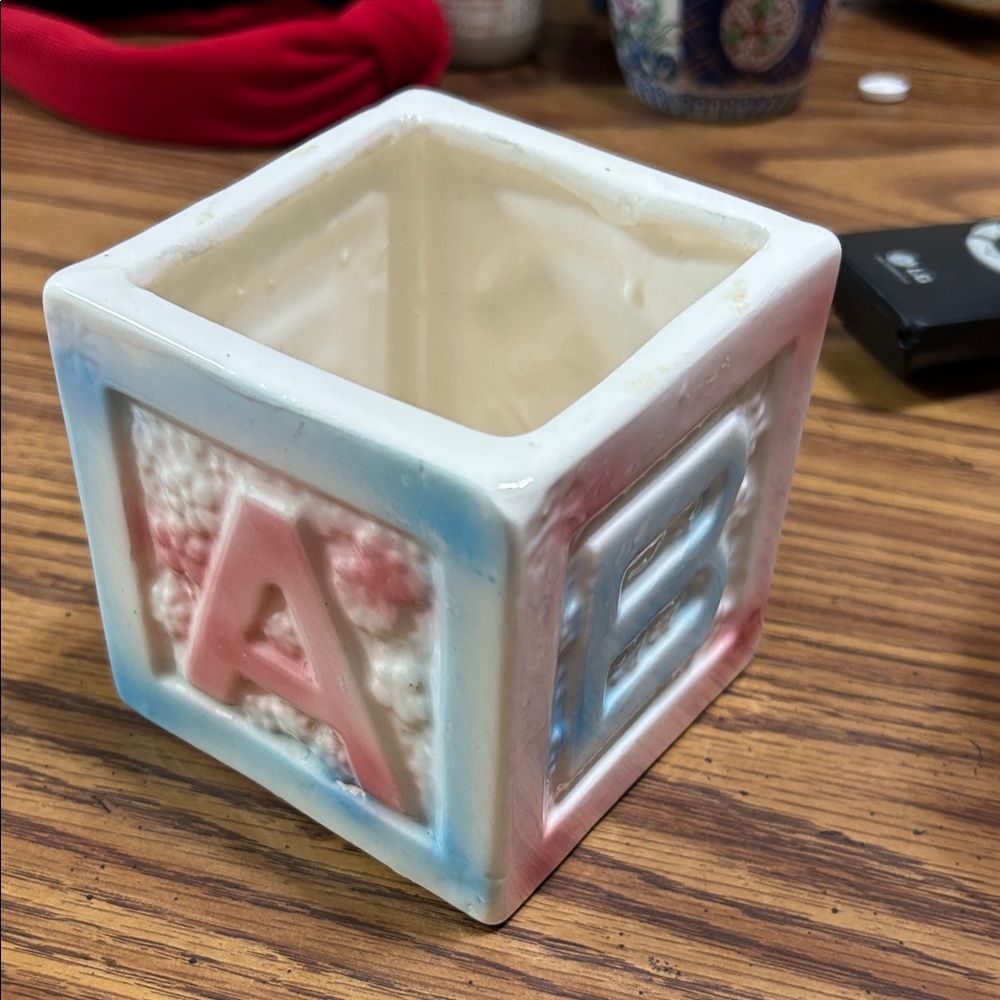 Vintage Ceramic Alphabet Block Planter in Pink and Blue